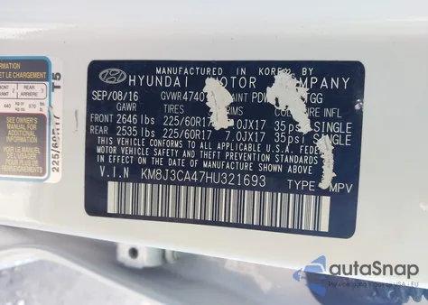 2017 Hyundai Tucson Se from USA, damaged, VIN KM8J3CA47HU321693